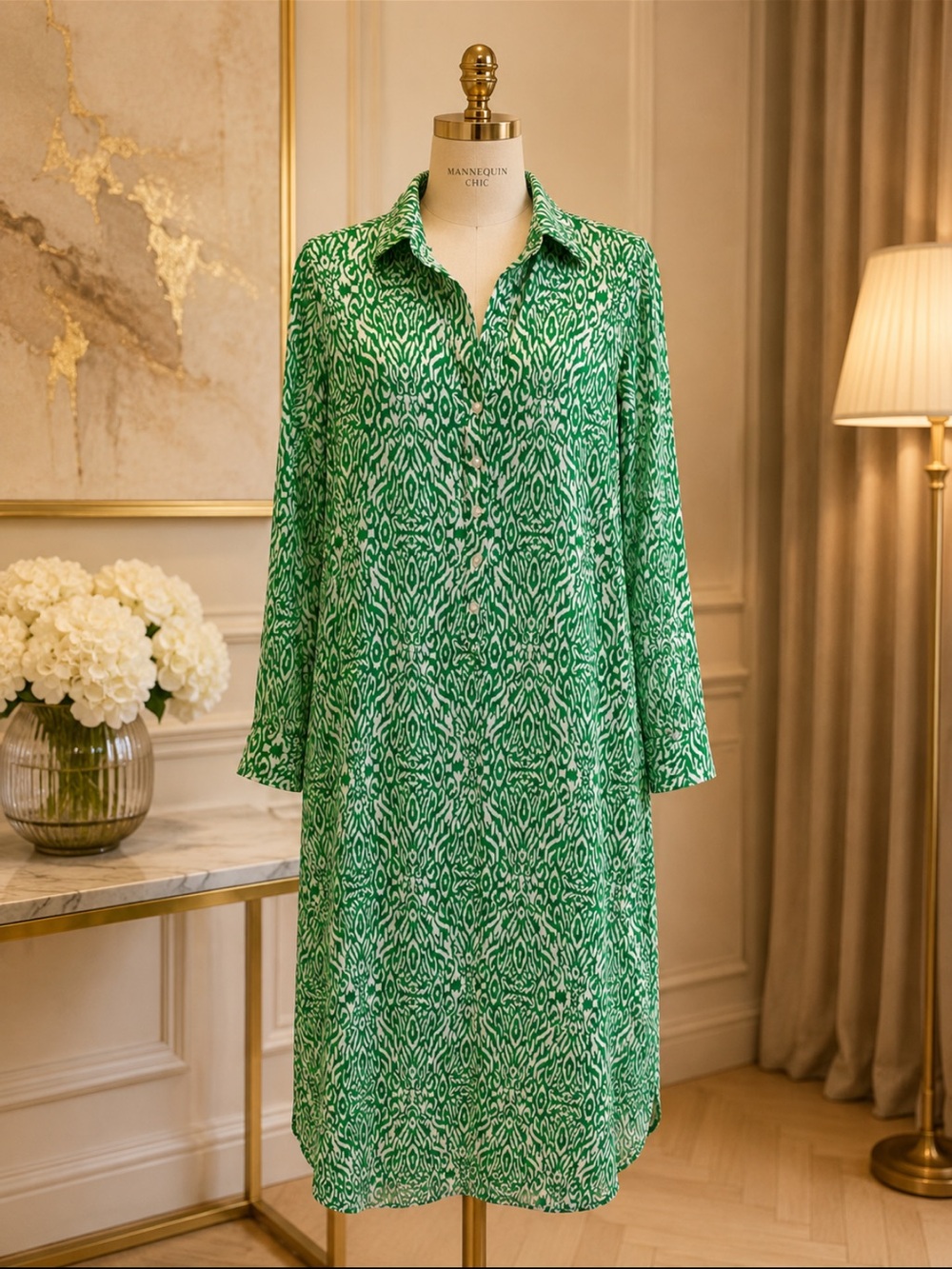 Green Printed Long Sleeve Shirt Dress